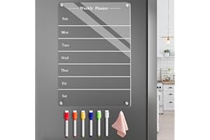 Todkoding 9"x13" Clear Weekly Meal Planner Magnetic Acrylic Board,Acrylic Magnetic Dry Erase Board for Fridge, Magnet Week Calendar for Refrigerator Includes 6 Colors Markers