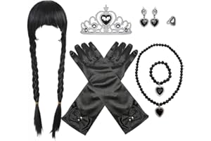 YOSBABE Girls Wednesday Wig Long Straight Black Braided Wig with Bangs Halloween Party Wig with Tiara Necklace Bracelet Earrings Ring Gloves Dress Up Halloween Costume Cosplay Accessories for Kids Girls