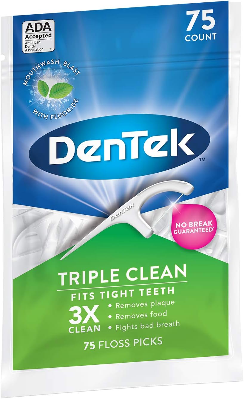 DenTek Triple Clean Advanced Clean Floss Picks, No Break & No Shred Floss, 75 Count, 3 Pack, Blue Green, 75 count (Pack of 3) - Image 4