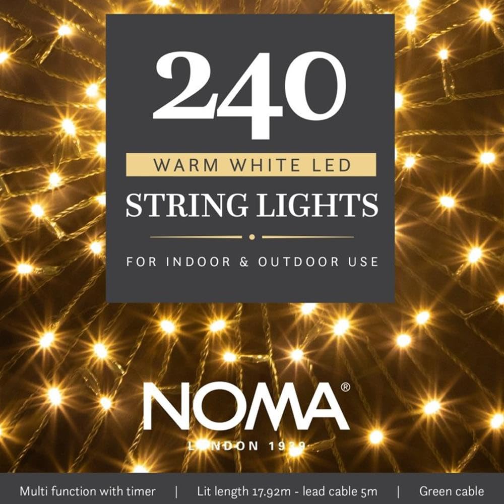 Noma 240 LED Christmas Tree Lights : Green Cable : Plug-in with Timer : Warm White