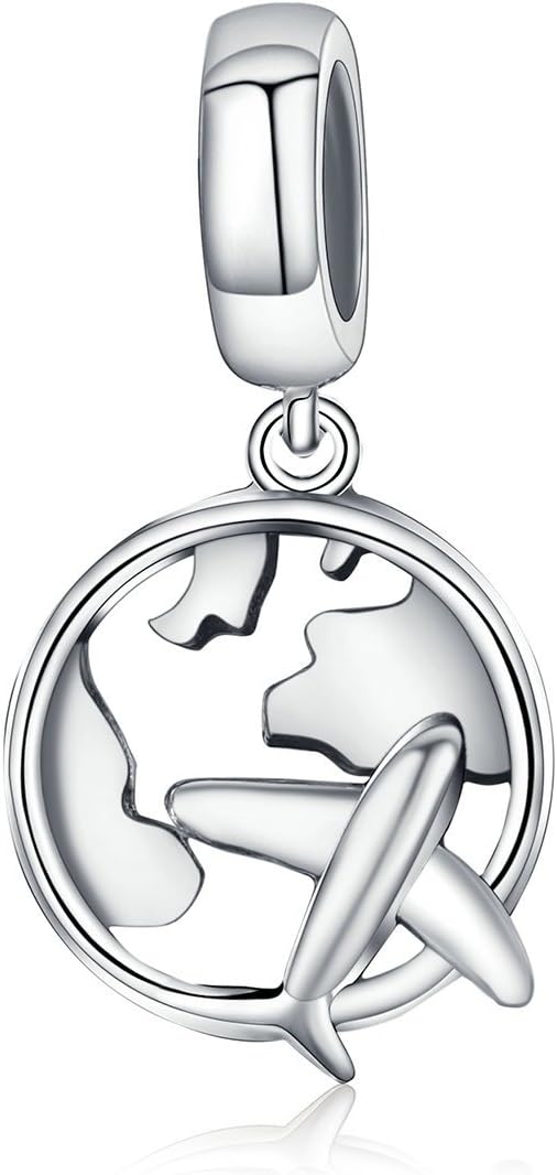 FeatherWish World And Plane Travel Pendant Dangle 925 Sterling Silver Charms Compatible With Pandora Bracelet And Necklace