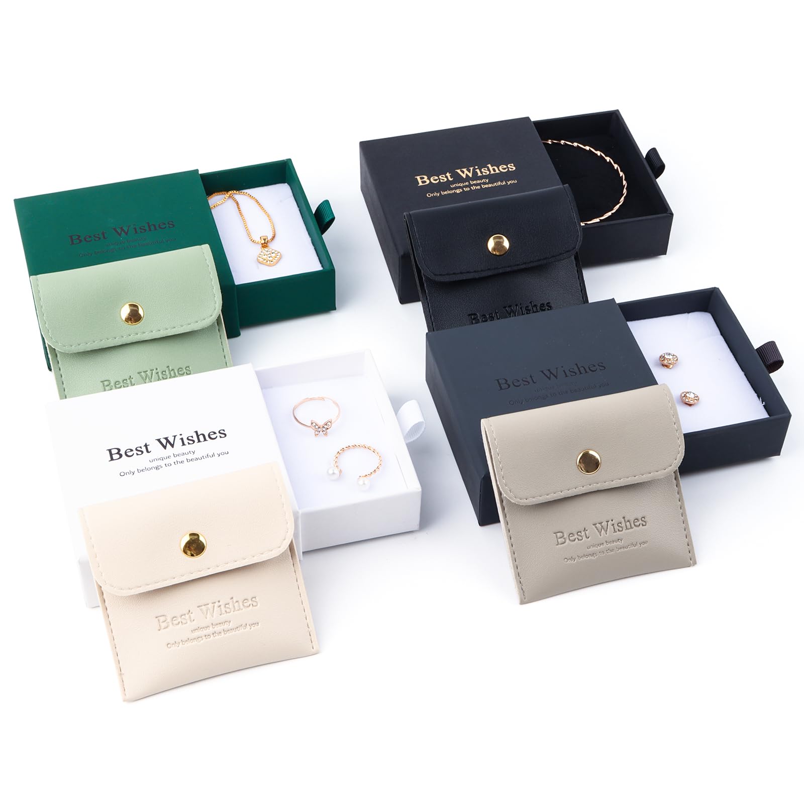 Photo 1 of 4 Pack Jewelry Gift Boxes - 3.54 x 3.54 x 1.26 Inch Thick Paper Drawer Organizer Box with PU Leather Snap Bag, Small Display Box for Necklace, Pendant, Ring, Earring, Bracelet