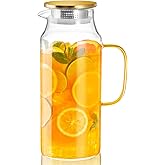 CMLKLZD 2 Liter 68 oz Glass Pitcher with Lid and Handle, Gold Glass Carafe for Fridge, Water Pitcher for Hot/Cold Water, Large Jug for Iced Tea, Coffee, Juice and Homemade Beverage