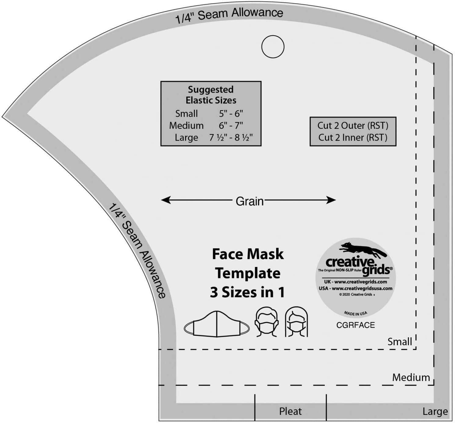 Creative Grids Non-Slip Sewing Ruler Template - Face Mask - cgrFACE