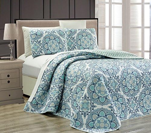 3 Piece Bedspread Coverlet Set Queen Size Mandala Design Teal/Blue/White