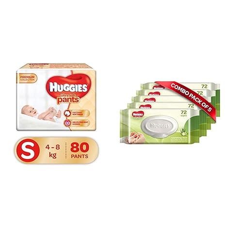 Huggies Ultra Soft Pants Diapers, Small (Pack of 80) & Huggies Baby Wipes - Cucumber & Aloe, Pack of 5 (360 Wipes)