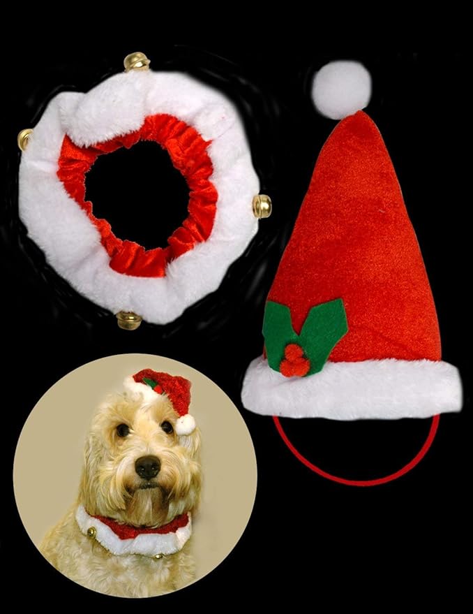 Pet Santa Hat with Collar+Bell Great novelty outfit for dogs,puppy