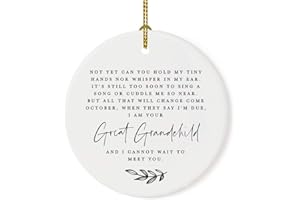 Andaz Press Round Porcelain Ceramic Surprise Baby Birth Announcement Great Grandparent's Christmas Tree Ornament Gift, Can't Wait to Meet You, Due October, 1-Pack, Gift Box