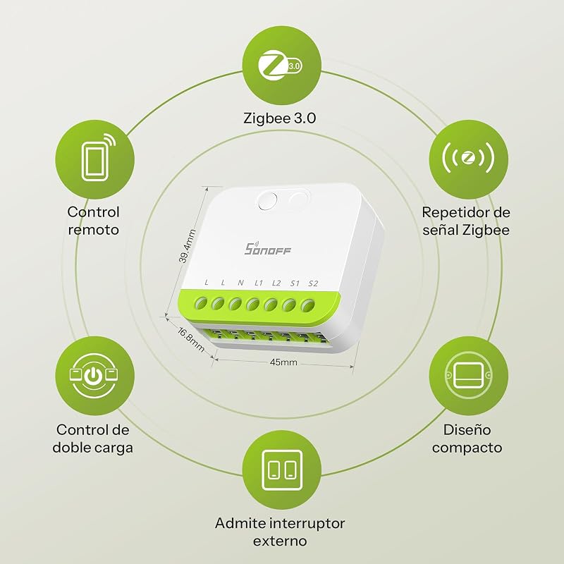 Mini Duo - interruptor inteligente Zigbee de 2 canais, Zigbee 3.0, carga total de 16 A, controlo remoto via hub Zigbee, requer fio neutro, compatível com Alexa/Google (2