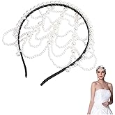 CABODYALS White Pearl Headband Vintage Wedding Layered Tassel Pearls Caps Headpiece Imitation Beaded Chain Hair Jewelry Accessories 1920 Hairbands for Women Bride Cosplay Costumes Dance Festival Party