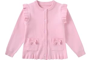 LIFAKY Girls Cardigan Sweater School Uniforms Button Crewneck Cute Ruffle Long Sleeve with Pockets Bowknot Knit Tops