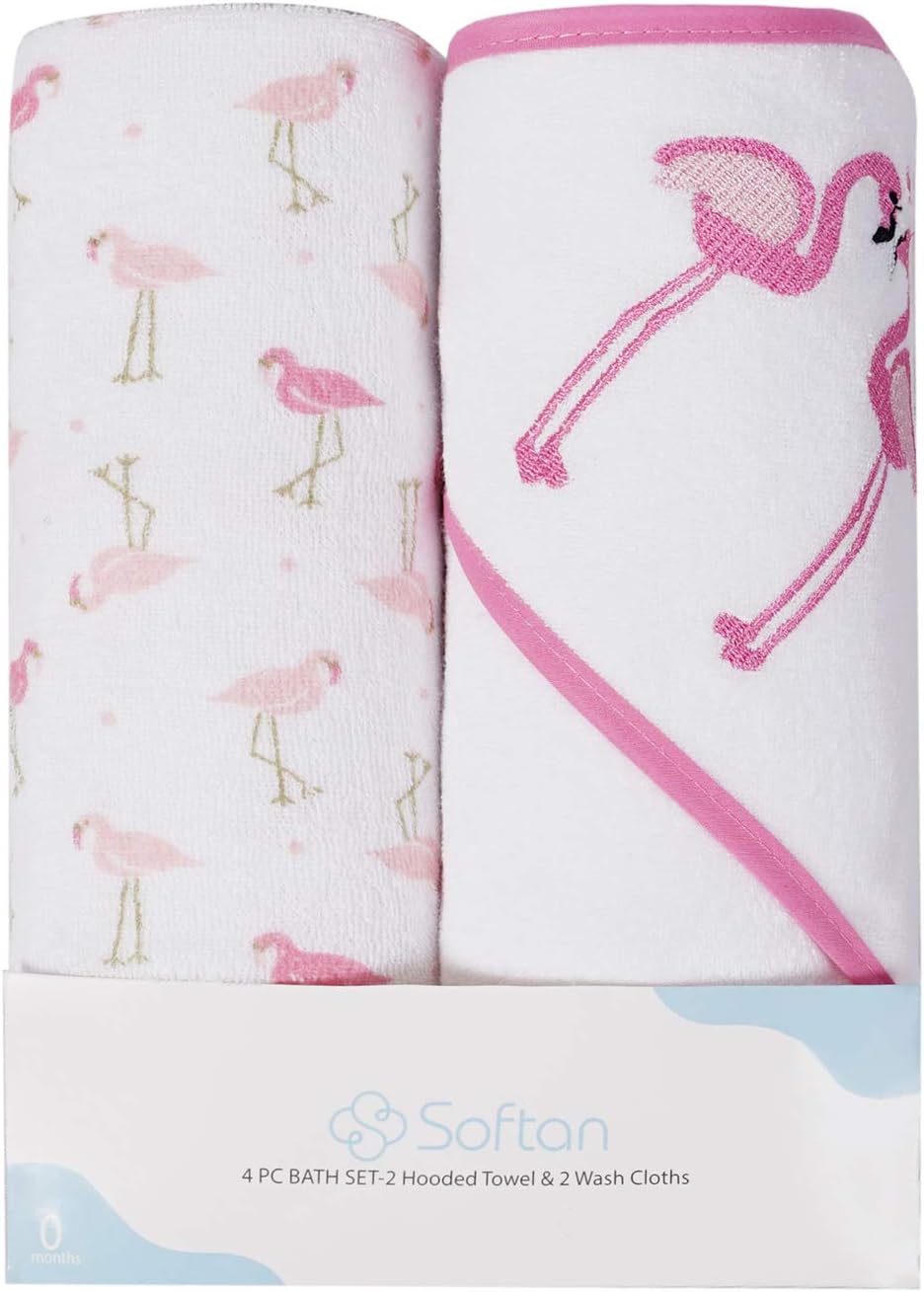 Baby Hooded Towel and Washcloths Set, Ultra-Soft Towel, Great Gift for Infants and Newborn, 4 Pack, Flamingos