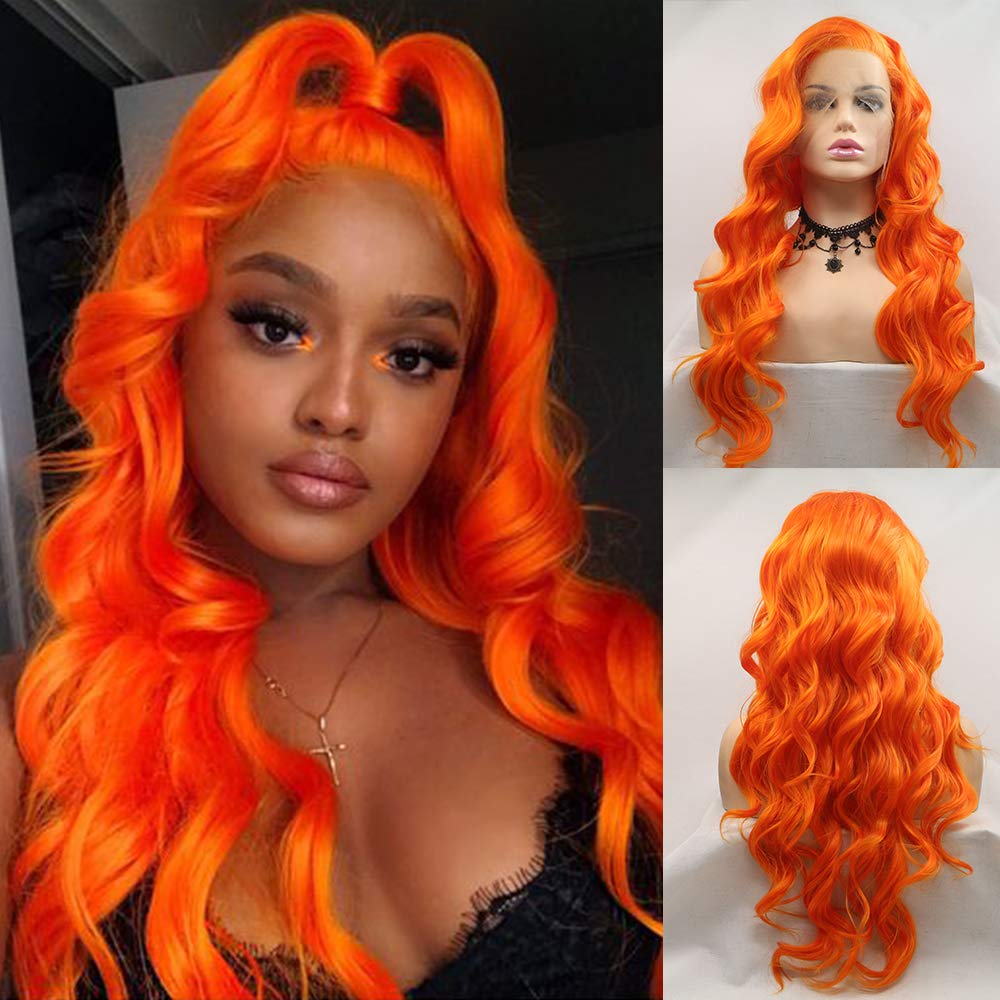Orange Synthetic Lace Front Wig Long Curly Heat Resistant Wigs for Women Loose Wave Light Ginger Real Hair Glueless Lace Wig Drag Queen Cosplay Daily Wear Ladies Wigs Soft 24inch