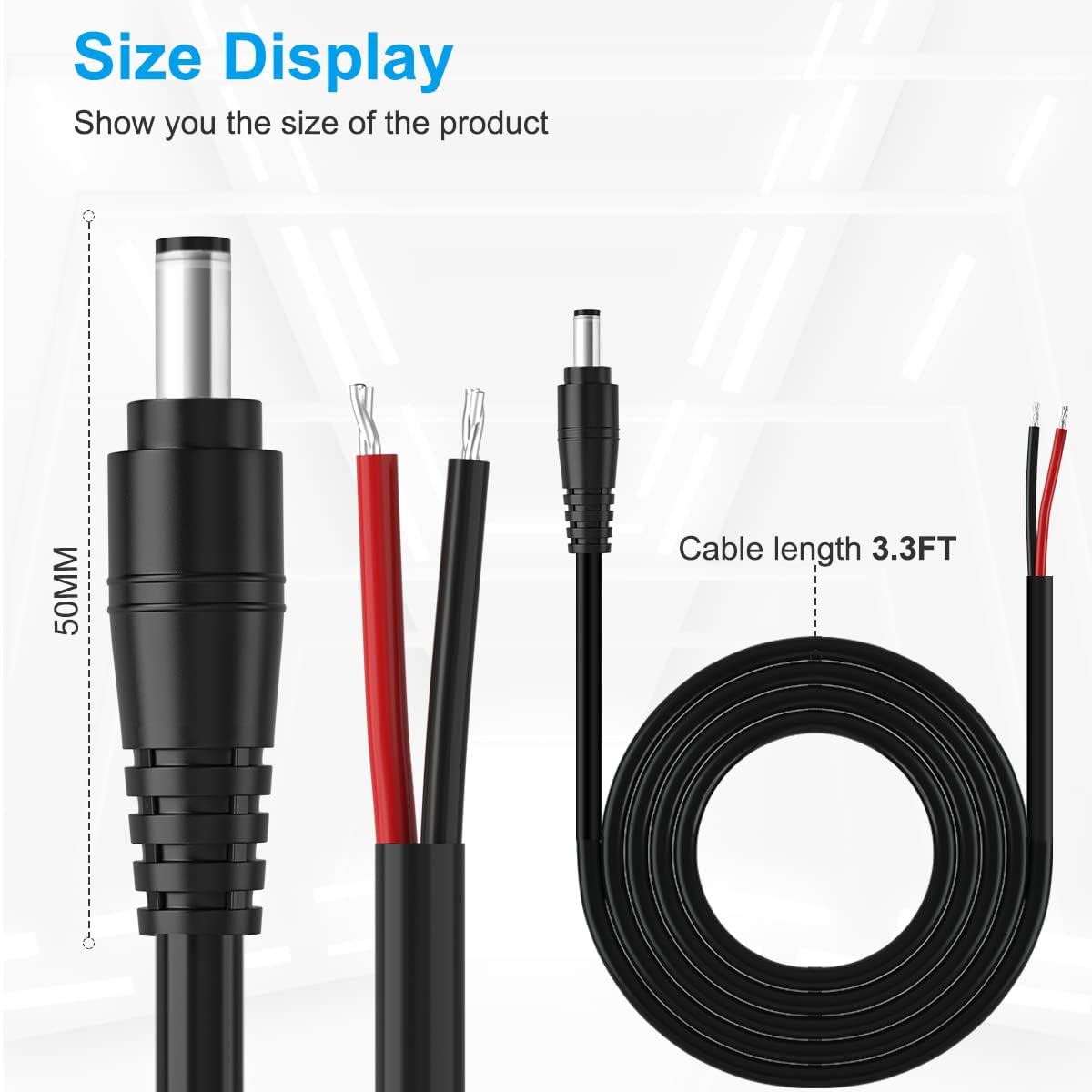 2Pack 16AWG DC Plug Connector Power Pigtails Cable,2.1mm x 5.5mm Male Plug to Bare Wire Open End,12 Volt DC Barrel Supply Adapter Repair Cord for CCTV Security Camera,12v LED Strip Light 3ft