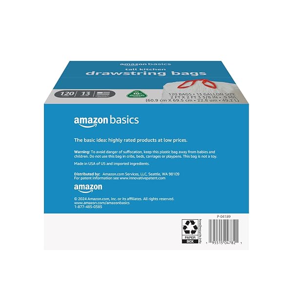 AMAZON BASICS 13 GALLON TALL KITCHEN DRAWSTRING TRASH BAGS, UNSCENTED, 10% POST CONSUMER RECYCLED, 120 COUNT, WHITE