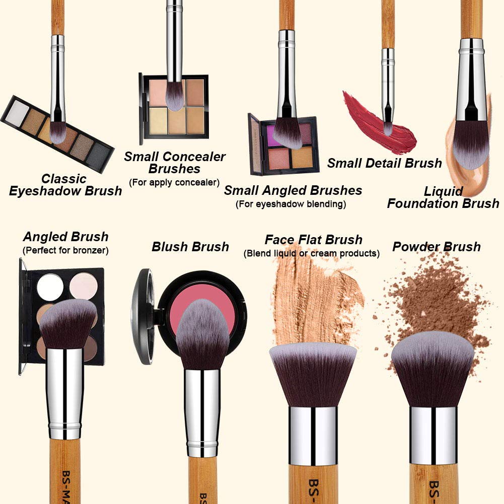 BS-MALL Makeup Brush Set 11Pcs Bamboo Synthetic Kabuki Brush Set Foundation Powder Blending Concealer Eye shadows Blush Cosmetics Brushes with Organizer Bag & Makeup Sponge: Beauty
