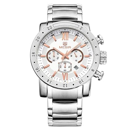 Megir Männer Quarz Analog Armbanduhr Chronograph Wasserdicht Business Uhr Stilvolle Militäruhr mit Edelstahlband 3008,Gold