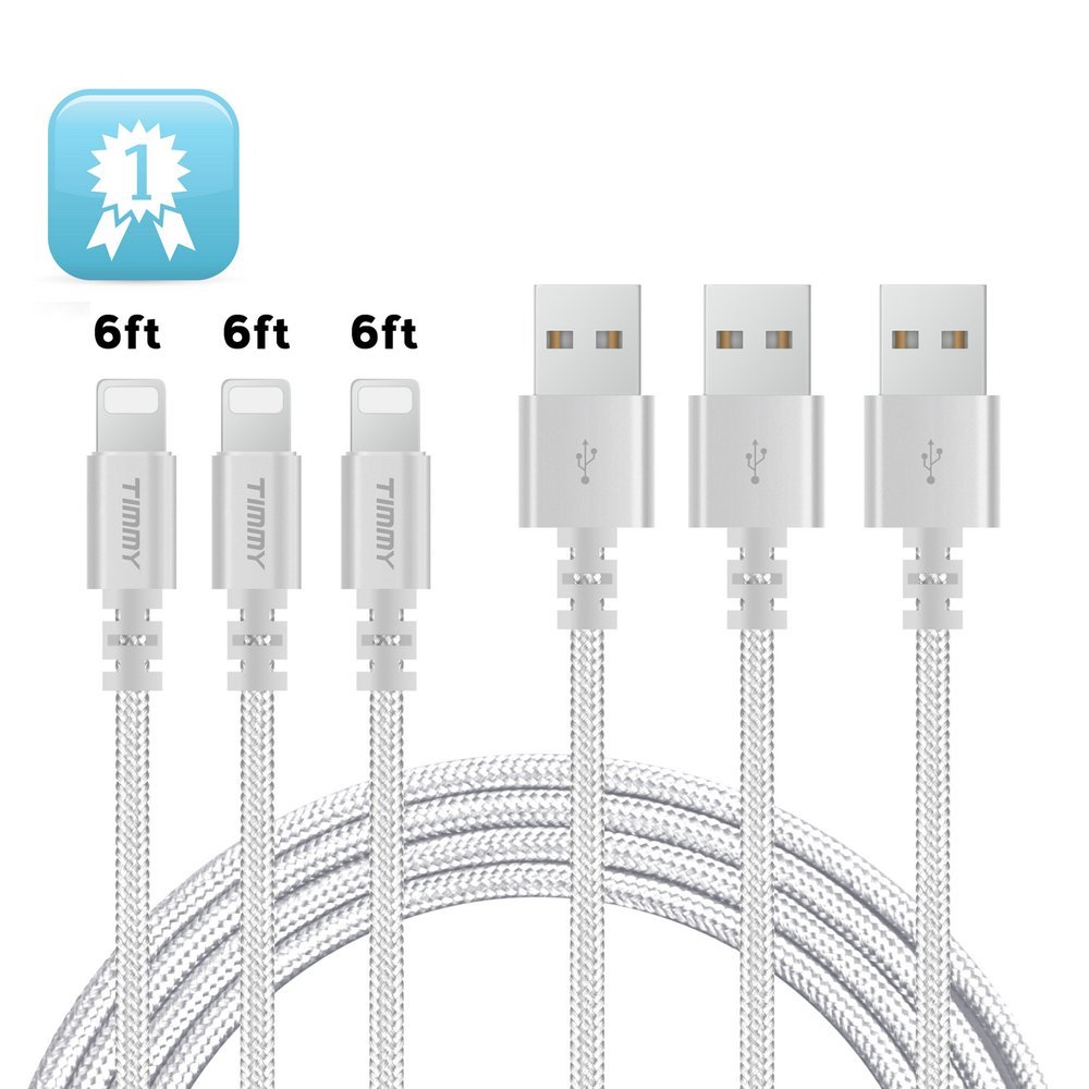 IPhone Charger TIMMY 3Pack 6FT Nylon Braided  Lightning cable certified to charging Cable with charging indictor powerline for iPhone 5/5C/5S/6S/6S PLUS/7/7 plus, iPad Air, and more (silver)