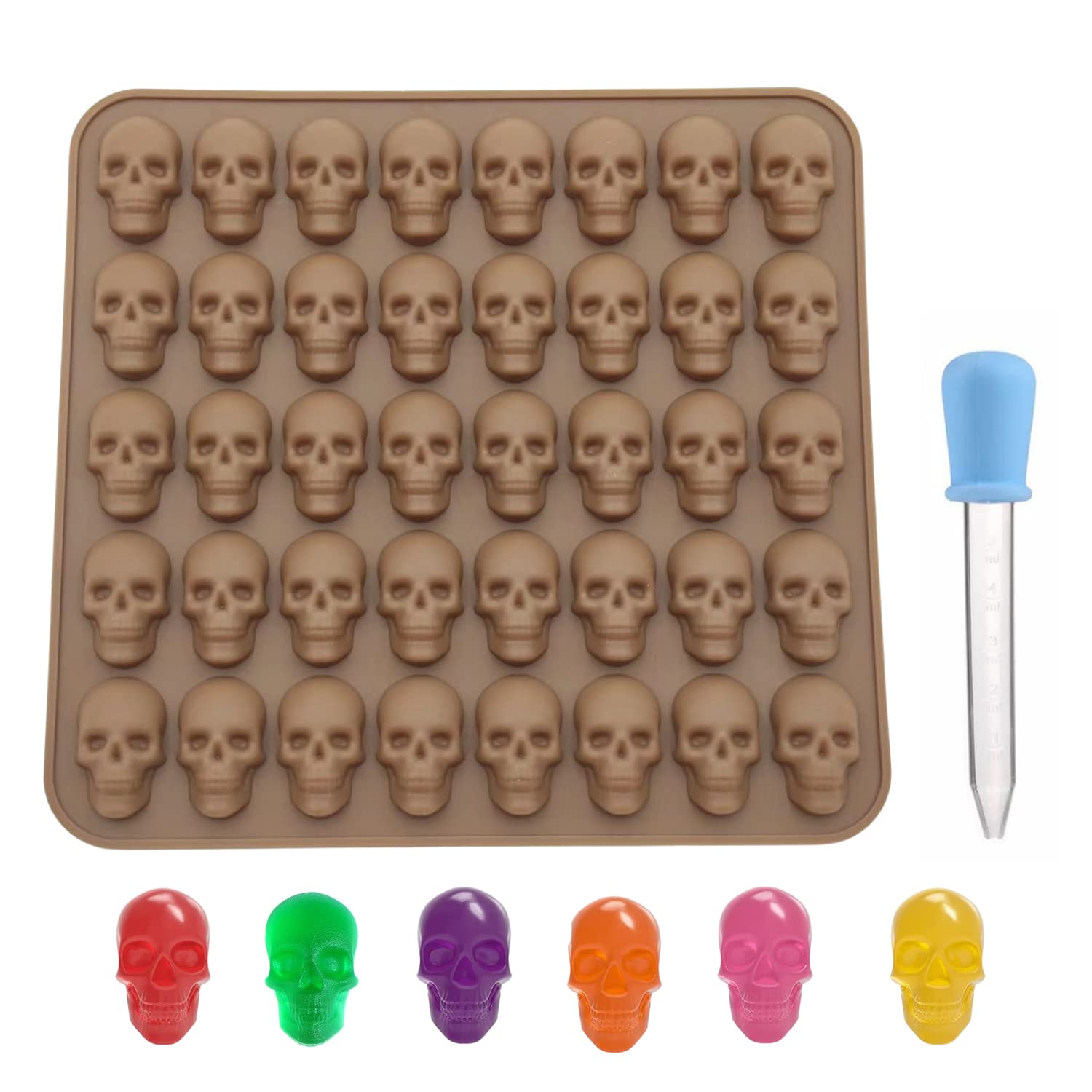 Gummy Skull Candy Mold Silicone,1 Pack 40 Cavity Mini Skull Silicone Mold Halloween Mold with 1 Droppers for Chocolate, Candy, Jelly