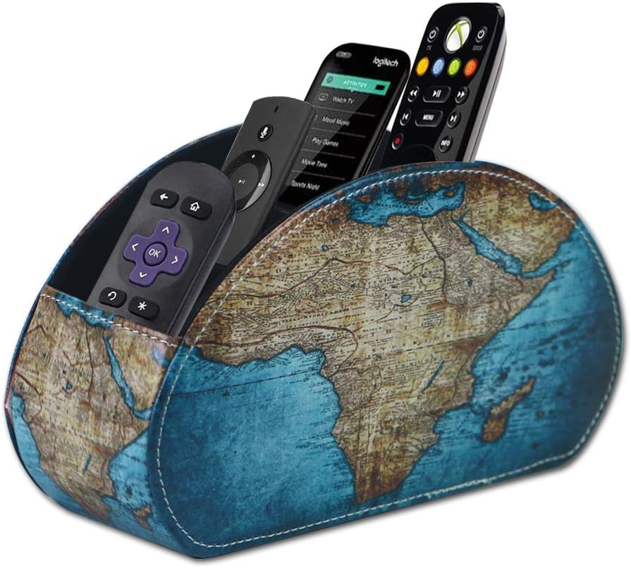 QIELIZI Remote Control Holder, PU Leather Remote Caddy Desktop Organizer with 5 Spacious Compartments for TV Remotes/Media Controllers/Office Supplies(Vintage Map)
