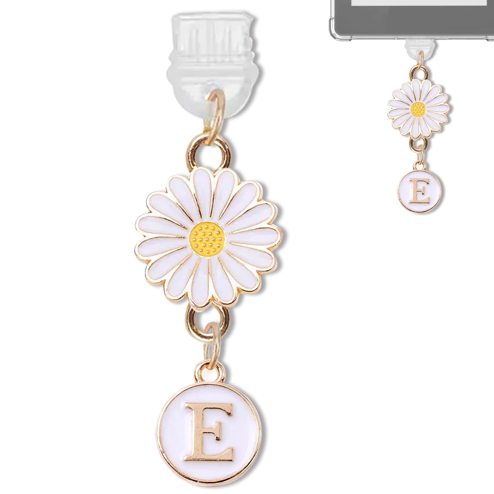 Daisy Initial E Charms for Kindle,Usb C Dust Plug Charm Personalised Letter Accessories for E-Reader Type C Dust Plug,Bookish Gift for Book Lover Compatible Fits Kindle Paperwhite Scribe iPad Phone