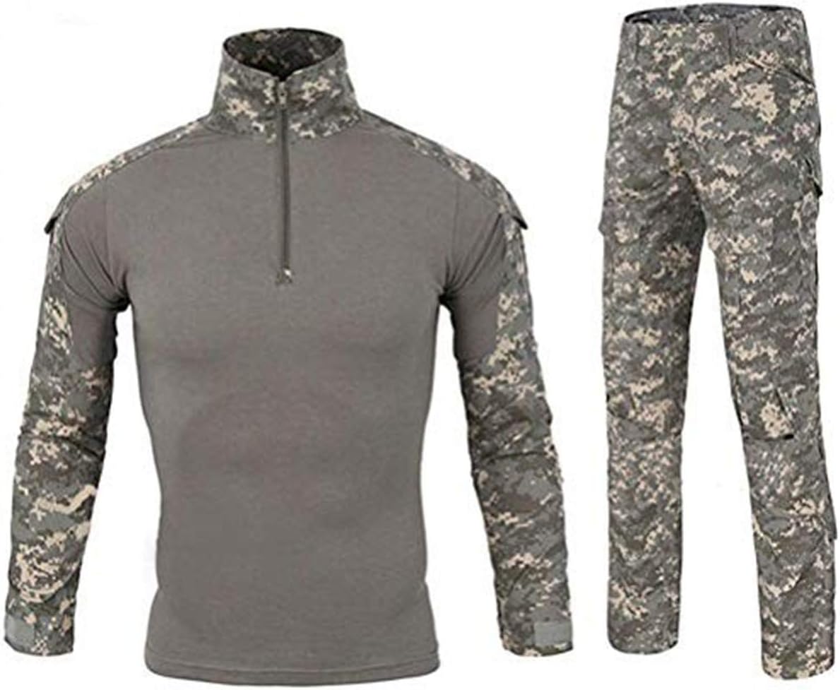 Men Combat T Shirt and Pant Set 1/4 Zip Camo Military Tactial Uniform with Long Sleeve BDU Airsoft Hunting Shirt