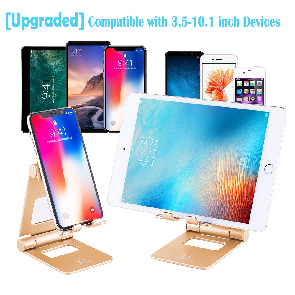 Cell Phone Stand Adjustable, ToBeoneer T8 Desk Phone Holder [Upgraded] Multi-Angle Phone Dock Thicker Wider Taller for All Mobile Phone Tablet [Up to 10 in] Home Office Décor Accessories, Gold