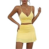 SHENHE Women's Y2k 2 Piece Mini Skirt Set V Neck Crop Cami Top Ruched Ruffle Skirt Going Out Set