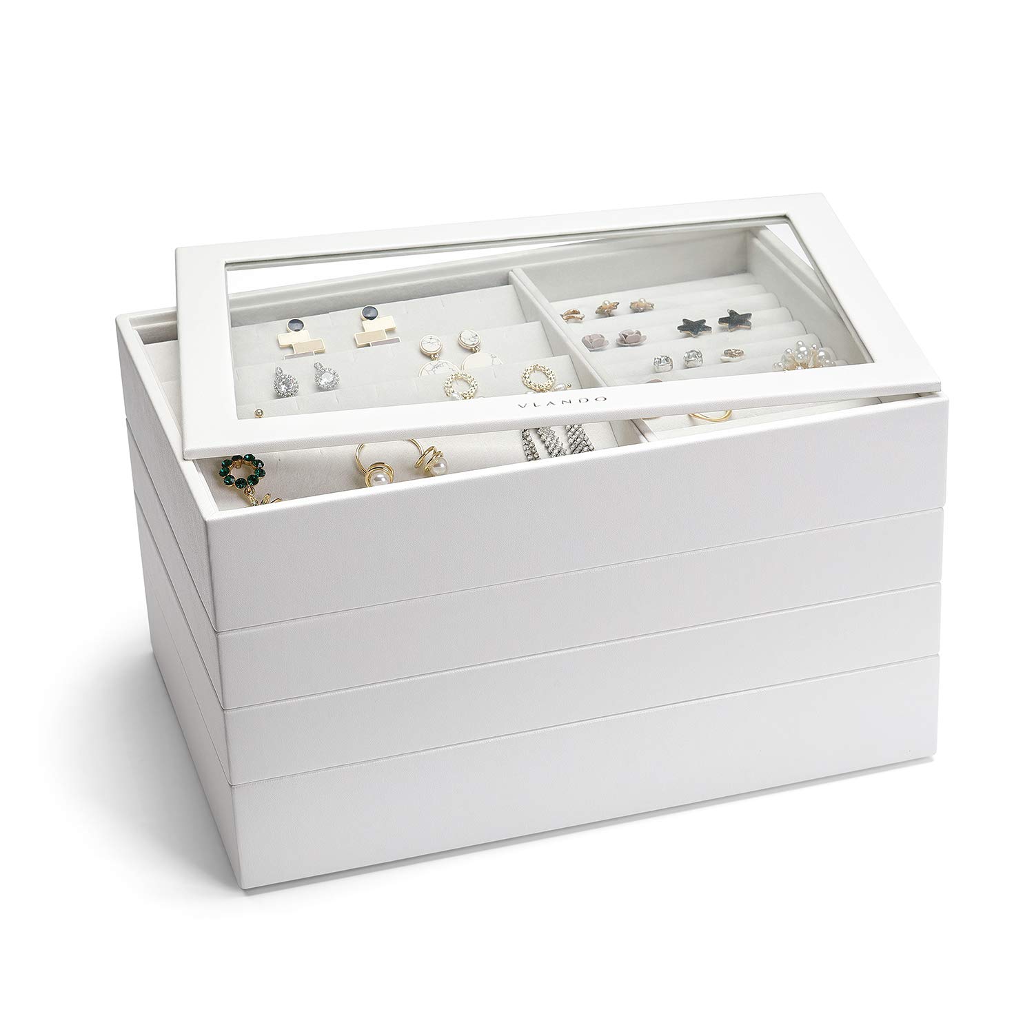Photo 1 of Vlando Stackable Jewelry Tray - Multipurpose Jewelry Accessories Display Storage and Organizer for Earring Necklace Bracelet Ring, White, Large - 4-Layer 
***The lid is not included.****
