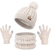 KIRAAT Kids Winter Pom Beanie Hat Scarf Gloves Set,Toddler Girls Boys Warm Knitted Fleece Lining Woollen Cap for 3-10 Years