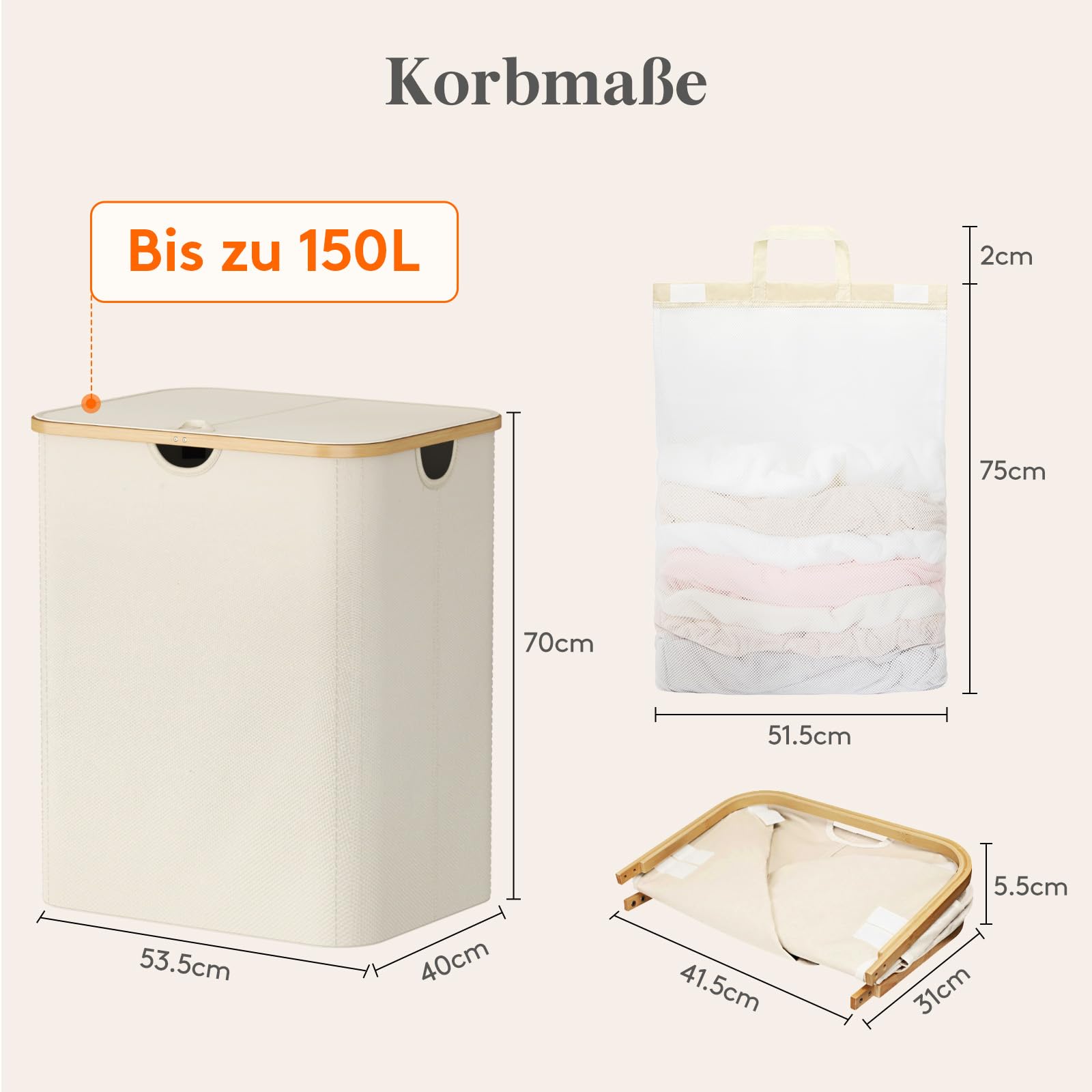 Lifewit 150L Wäschekorb mit Deckel, Wäschesammler 3 Fächer, Wäschebox Groß,Wäschesortierer, Wäschetonne,Wäsche Sortieren, Wäschebehälter,Laundry Baskets für Wäschekammer, Bad, Schlafzimmer, Cremeweiß 4