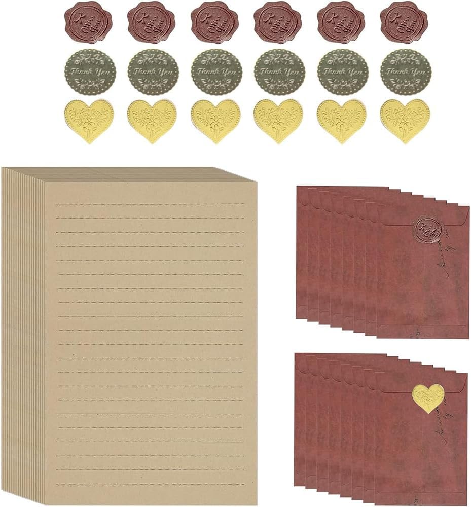 50 Pieces Vintage Stationery Paper and 16 Pieces Brown Envelopes and 18 Pieces Stickers,Vintage Stationery Writing Paper Letter Writing Paper Stationary Letter Paper for Writing Letter (Red Brown)