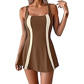 Aidonger One Piece Swimdress Tummy Control Swimsuit for Women Color Block Bathing Suit Skirt Modest Swim Dress