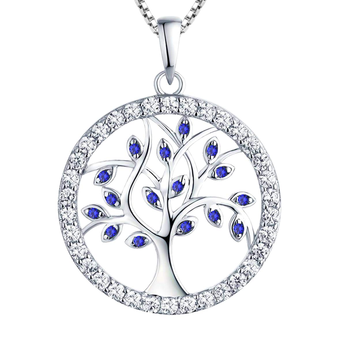 YL Tree of Life Necklace 925 Sterling Silver Family Tree Spinel Blue CZ Pendant Necklace Gift for Women Girlfriend,45-48CM