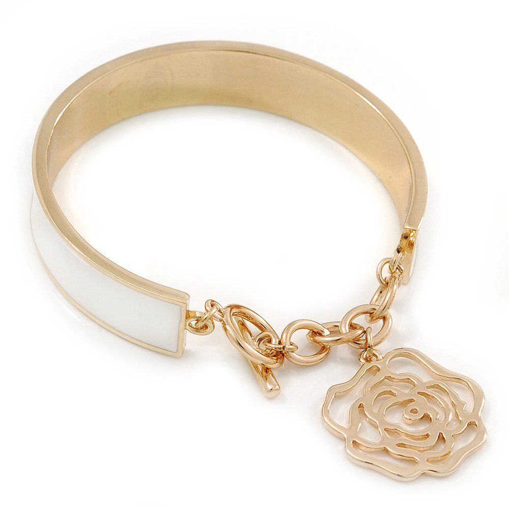 Avalaya White Enamel Bangle Bracelet With Rose Charm and T-Bar Closure In Gold Plating - 19cm L
