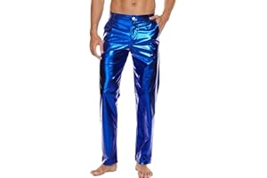 RUFEUD Mens Metallic Shiny Disco Pants, Wet Look Party Dance Straight Leg Trousers, 70s/80s Festival Rave Cosplay Leather Pants