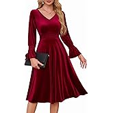 Meetjen Women's Velvet Midi Dress V Neck Long Sleeve Elastic Waist Smocked Elegant Cocktail Party Dresses 2025