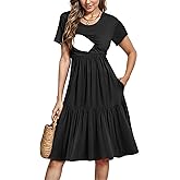 PARNIXS Women's Summer Nursing Dress Short Sleeve Maternity Knee Length Breastfeeding Dress(Designed with Pockets)