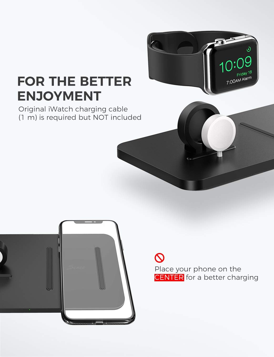 Wireless Charger, iSeneo 2 in 1 Dual Wireless Charging Pad with iWatch Stand for iWatch 6/5/4/3/2, 7.5W Wireless Charger for iPhone 12/11/11 Pro Max/XR/XS Max/XS/X/8, Airpods(No iWatch Charging Cable)