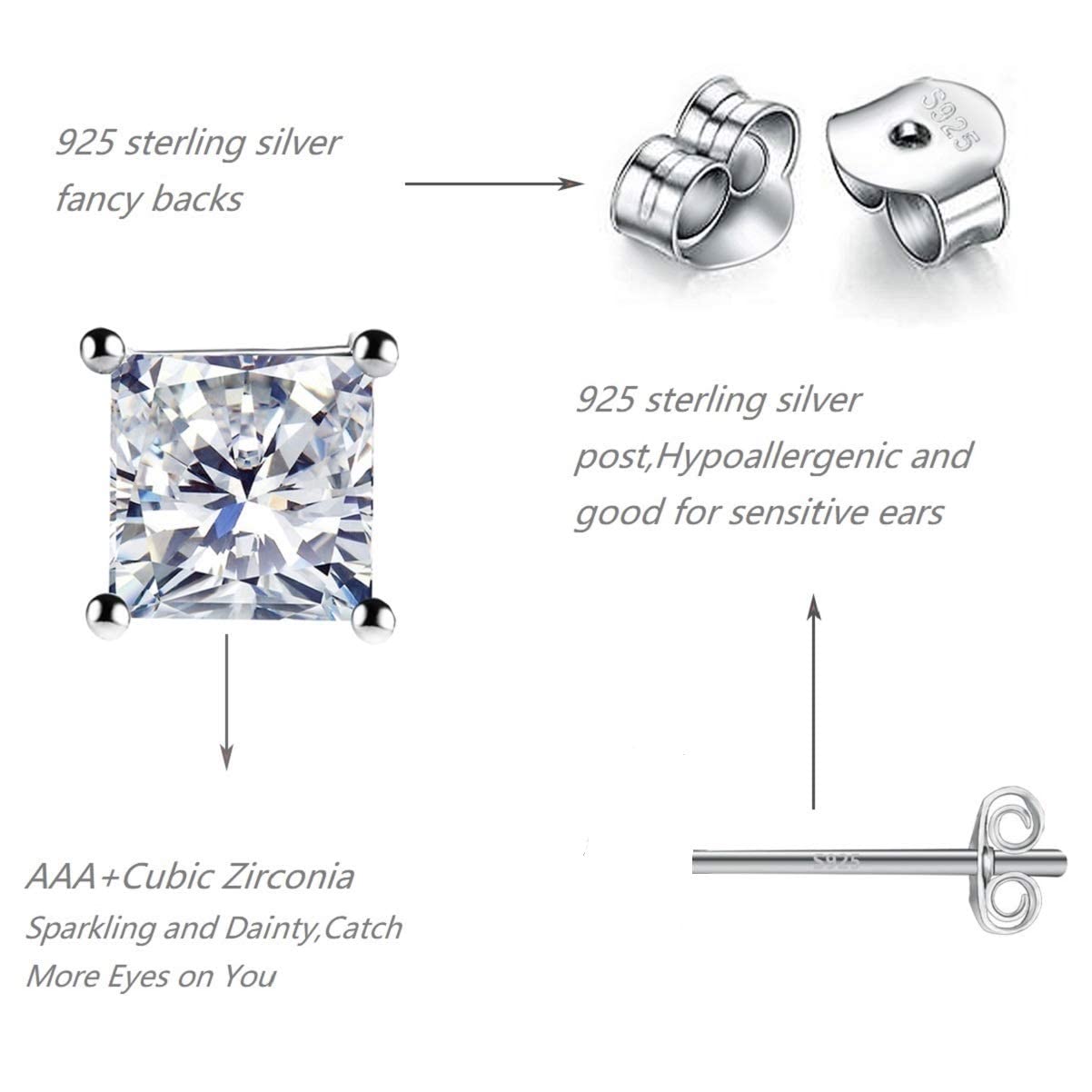 925 Sterling Silver Stud Earrings, 4 Pairs Square Cubic Zirconia Stud Earrings Set for Women Men 3 4 5 6mm
