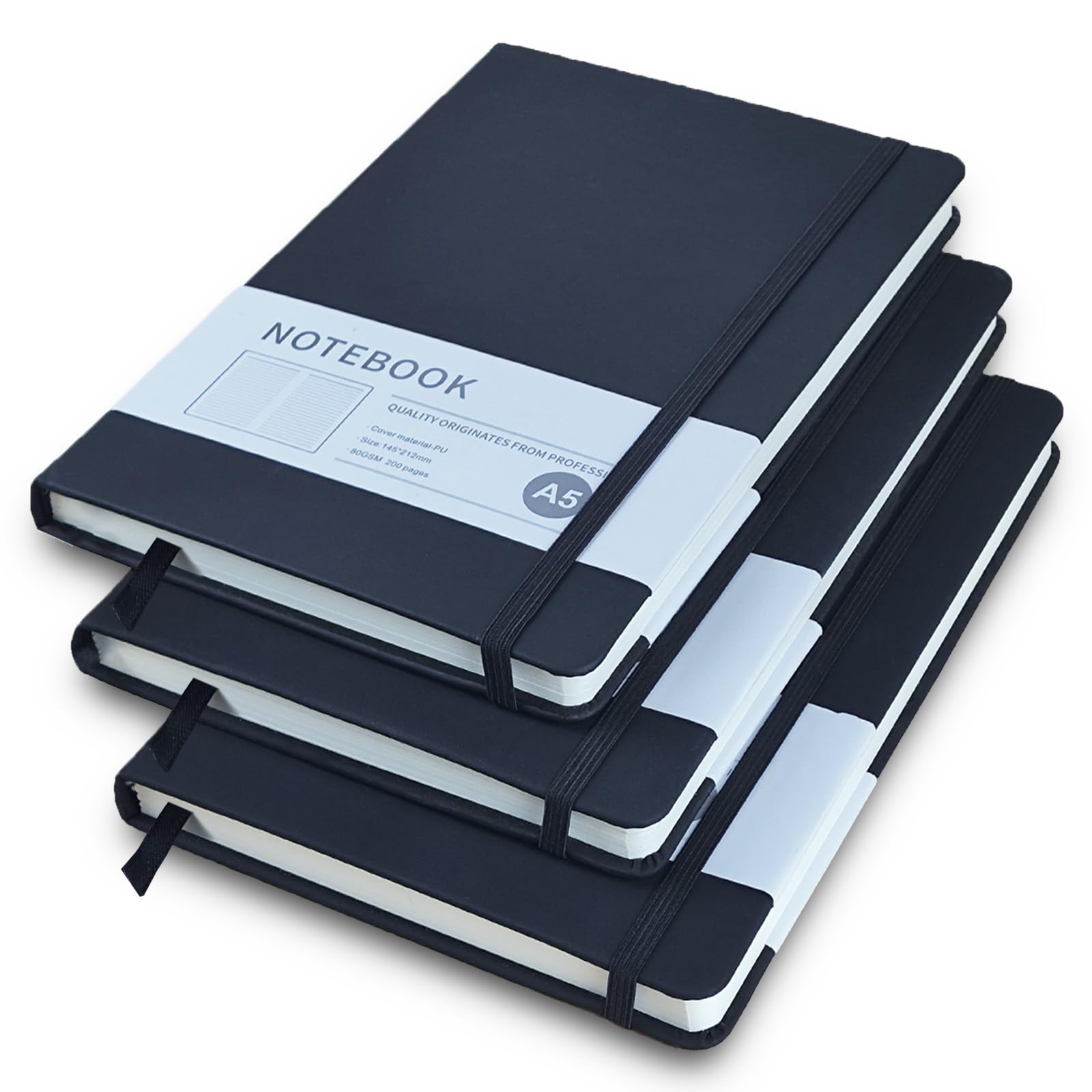 A5 Notebook, 3 Pack A5 Notepad 200 Pages Journal Notebook Hardback Notepad with Lined Pages, PU Leather Lined Notebooks with Bookmark and Elastic Closure for Office School Home & Note Taking - Black
