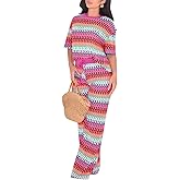 Two Piece Cover Up Sets for Women Crochet Knit Hollow Out Striped Short Sleeve Tops Wide Leg Pants Sweater Outfits