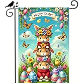 BlissYard Happy Easter Garden Flag 12x18 Inch Double Sided Bunny Stacked Rabbits Eggs Butterfly Flowers Design Small Outdoor Yard Flag Spring Easter Welcome Decor for Porch Lawn Patio Garden