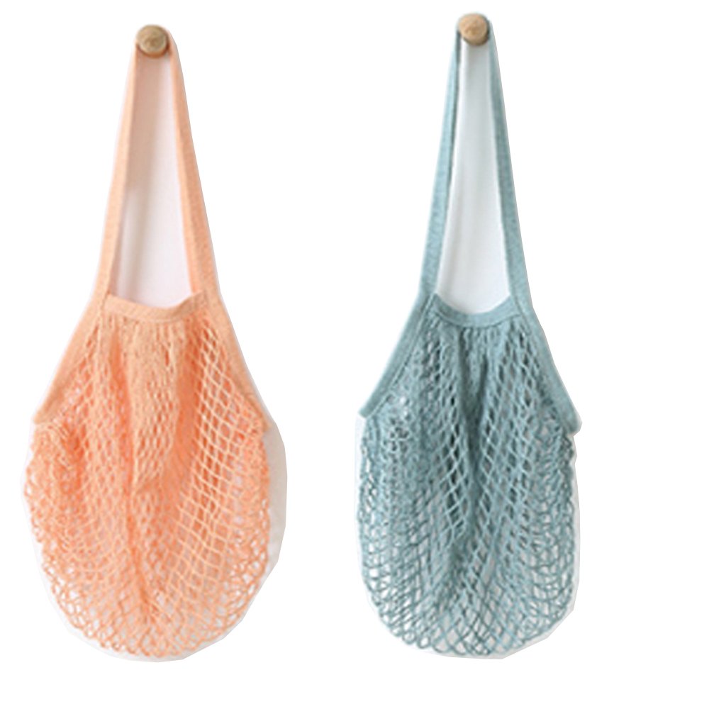 Metyou 2Pcs Portable Reusable Mesh Cotton Net String Bag Organizer Shopping Tote Handbag Fruit Storage Shopper New (Green,Pink)