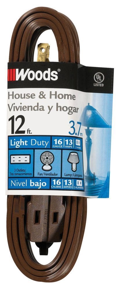 Photo 1 of Woods Light Duty Extension Cord, 12Ft, 16 Gauge, SPT-2, 3 Outlet Cube Tap, Indoor Cord, Brown, 0602