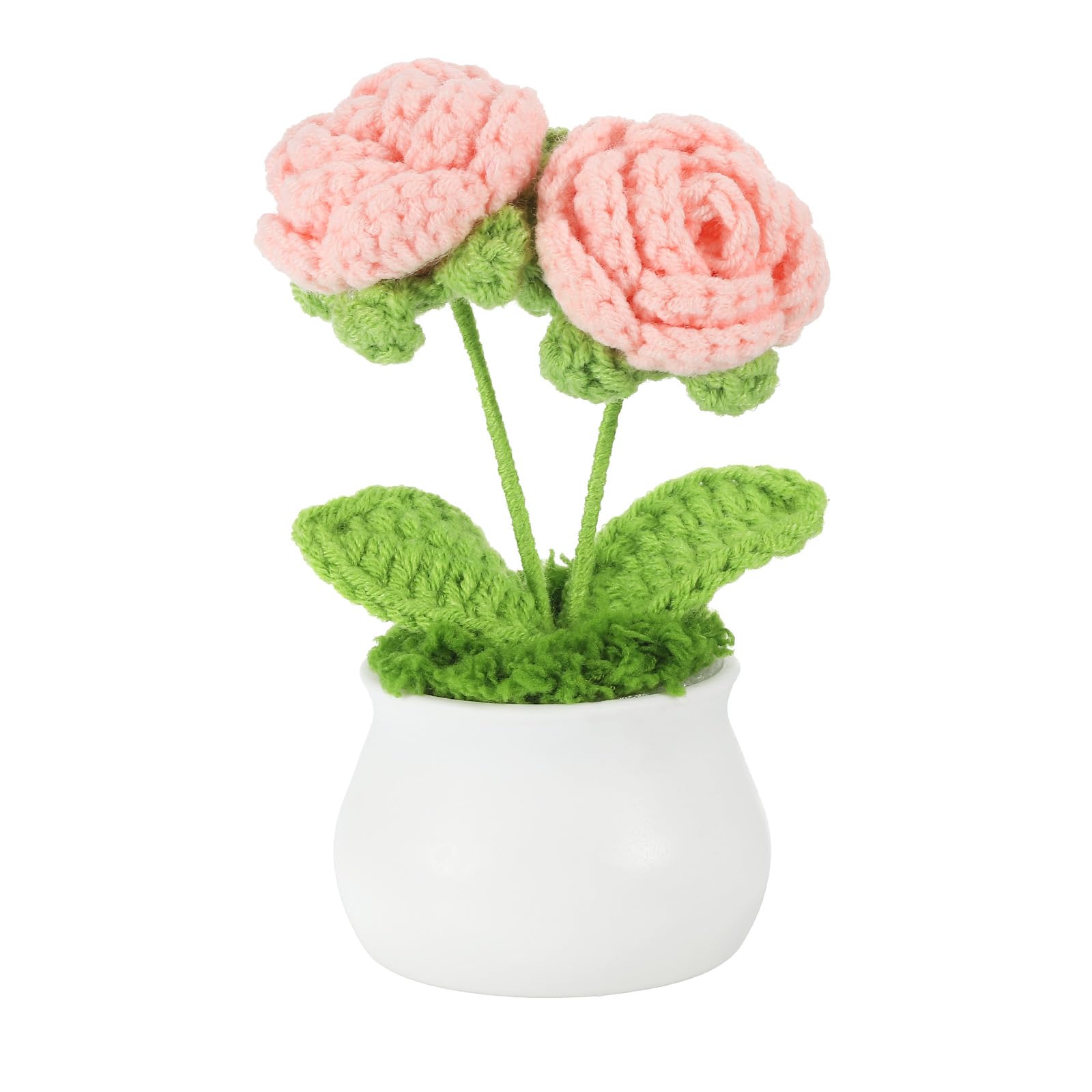 PATIKIL Crochet Flowers Potted, 2 Head Rose Flowers Handmade Knitted Mini Potted Plants Artificial Flowers for Valentine's Gifts Home Office Tables Decoration, Light Pink