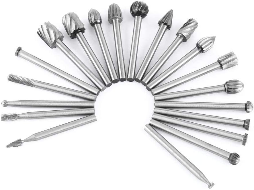 wifehelper Burrs Rotary Files High Speed Steel Woodworking Carving Engraving Tool Set Wood Plastic Soft Materials Use 1/8inch Shank 20pcs