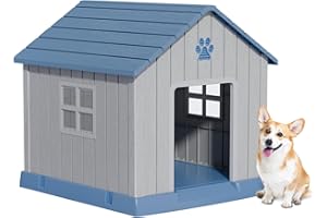 ComeWay Dog House Indoor Outdoor for Small to Large Sized Dogs Resin Outdoor Dog House with Ventilation Puppy Shelter with Elevated Floor, Easy to Assemble, Blue