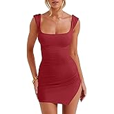 Misng Womens Sexy Mini Sleeveless Dress Square Neck Backless High Side Slit Ruched Bodycon Cocktail Club Party Short Dresses