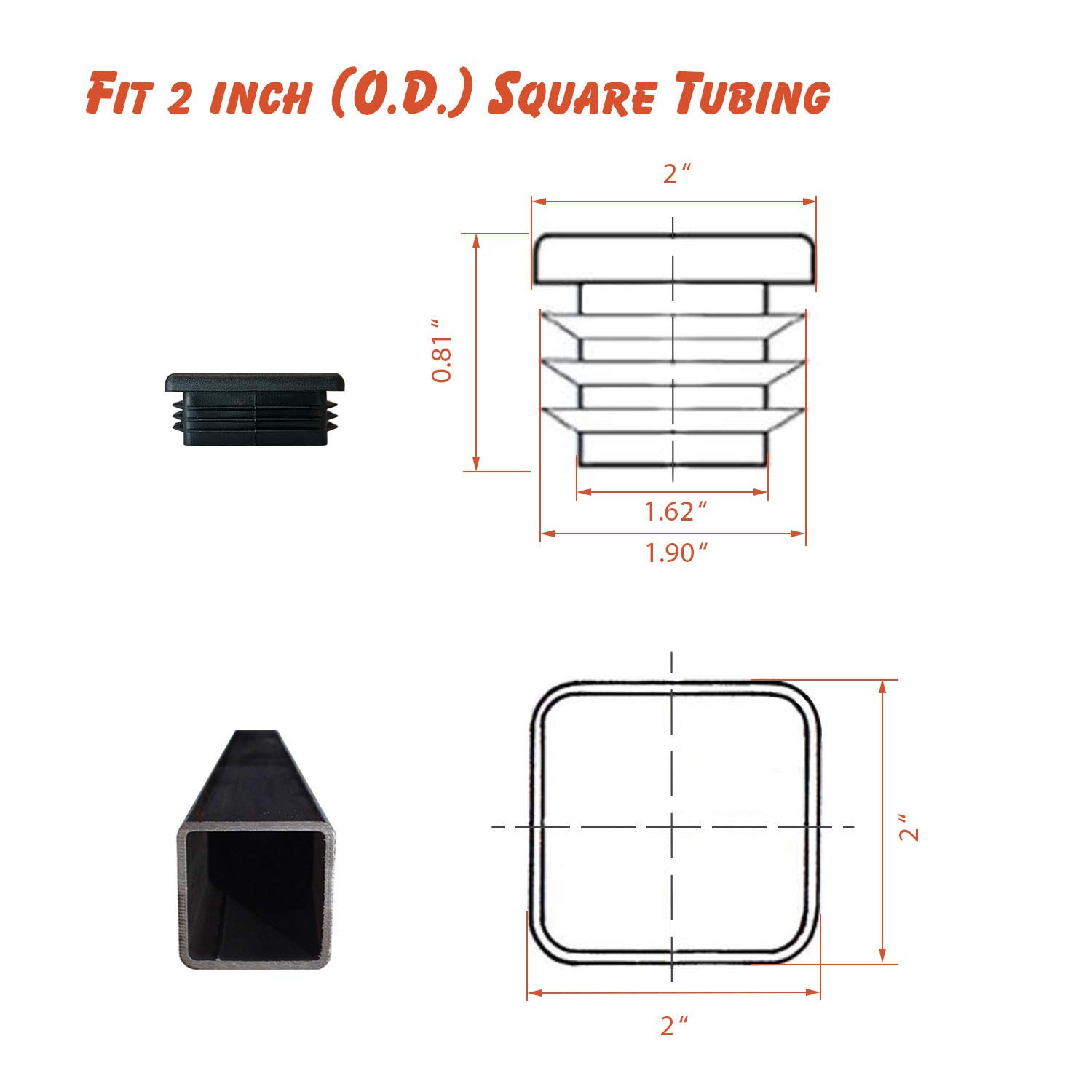 50 Pack Plastic End Caps for Square Tubing 2x2 O.D. OASIS 2 Inch Square